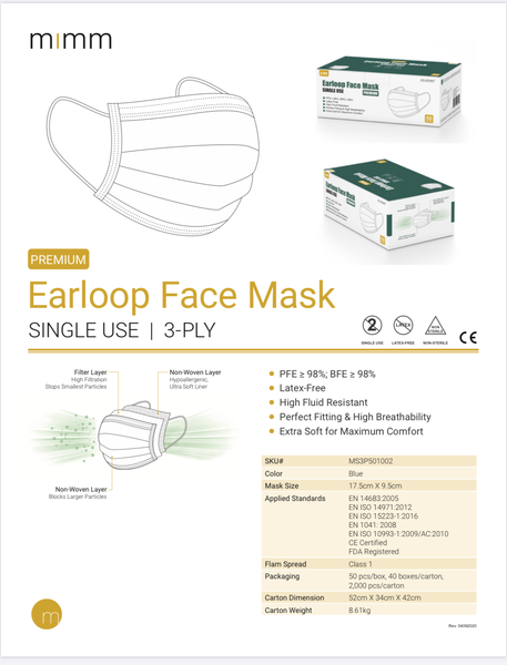 Disposable Earloop face Mask - Box of 50